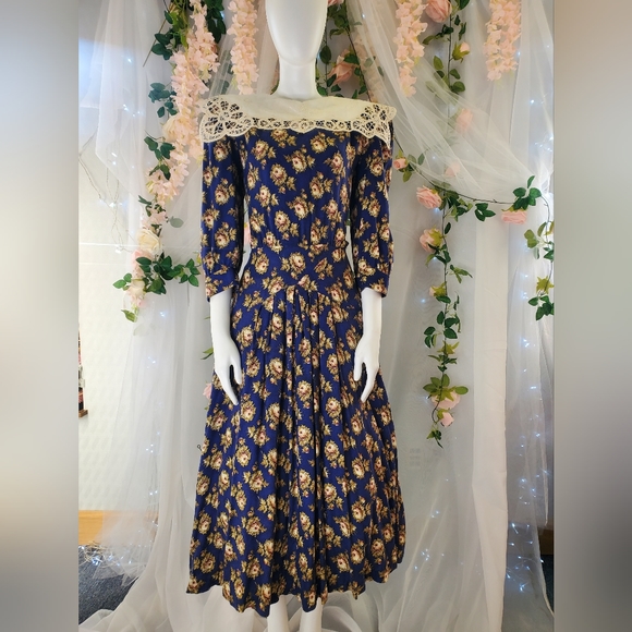 Navy Blue Tea Party Garden Embroidered Midi Dress - Picture 1 of 11